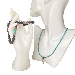 Black Lava Bead Bracelets And Turquoise Fairy Charm Necklace Set Adjustable Jewe